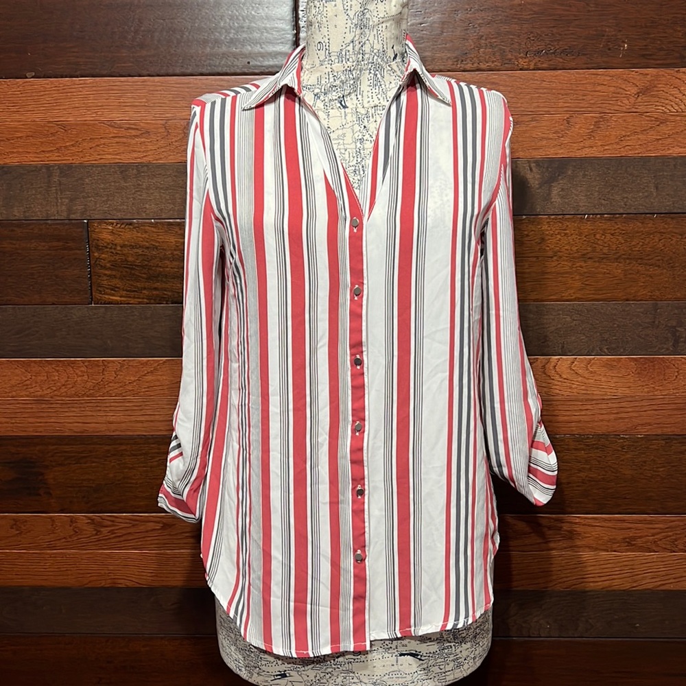 Massini Collared V Neck Long Sleeve Vertical Stripes Button Down Tunic